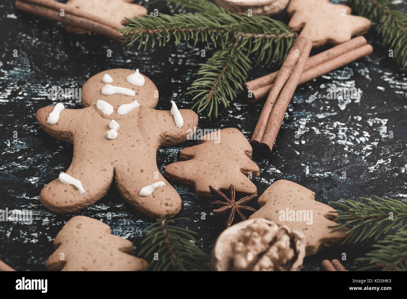 Gingerbread man and christmas tree , holiday cookies  background viewed from above Stock Photo