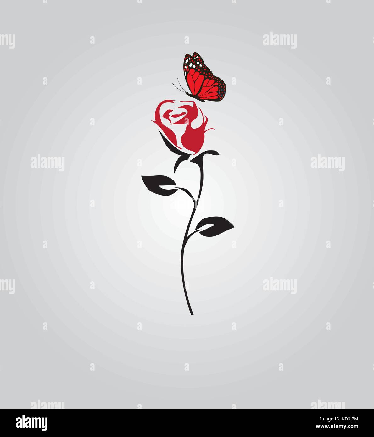 vector illustration of a rose silhouette with red butterfly. Stock Vector