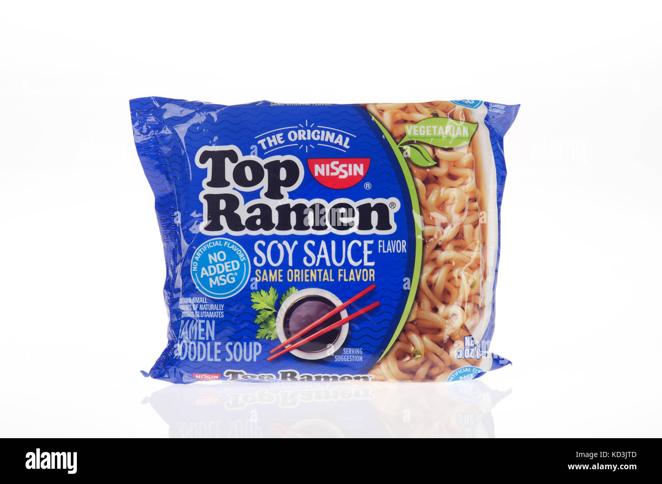 Original  Nissin Top Ramen Noodle Soup Vegetarian with soy sauce unopened with new packaging with no added MSG artificial flavors on white USA Stock Photo
