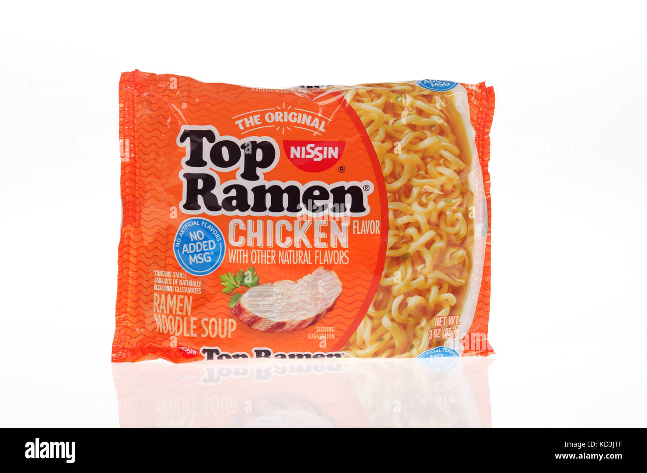 Unopened Original Nissin Top Ramen Noodle Soup in Chicken flavor with new packaging no artificial flavors or added msg & reduced sodium on white  USA Stock Photo