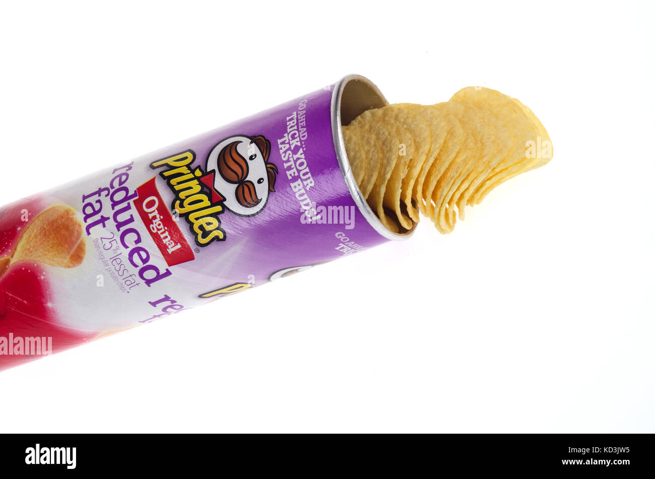 Open tin of Pringles Reduced Fat Original crisps on white background cutout, USA Stock Photo