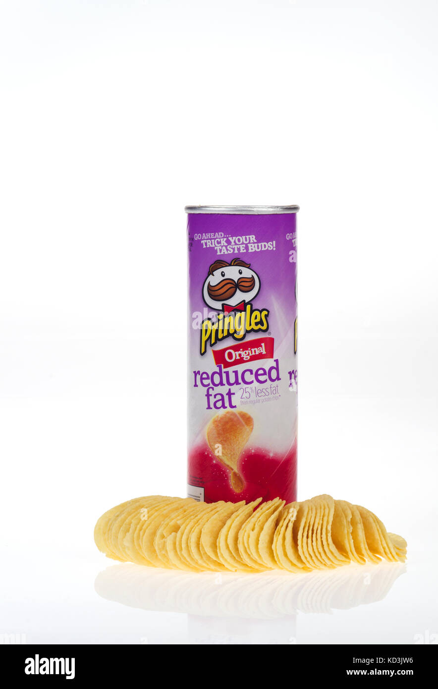 Tube of Pringles Reduced Fat Original stackable potato chips with crisps on white background cut out USA. Stock Photo