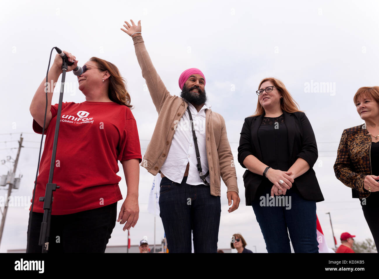 Jagmeet Singh, leader of the federal New Democratic Party speaks to striking CAMI workers in Ingersoll, ON, on Oct, 6, 2017. Stock Photo