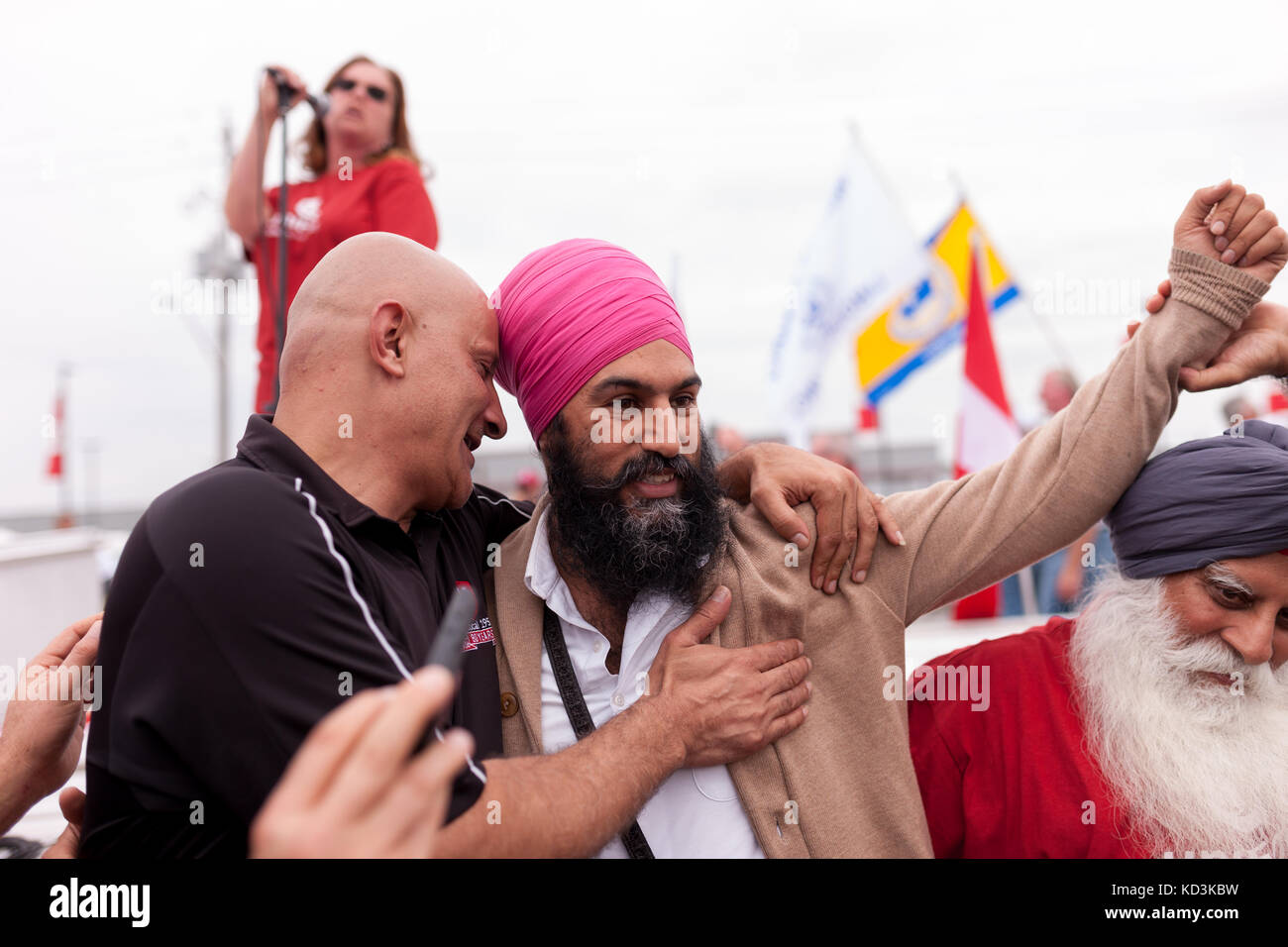 Jagmeet Singh, leader of the federal New Democratic Party meets with striking CAMI workers in Ingersoll, ON, on Oct, 6, 2017. Stock Photo