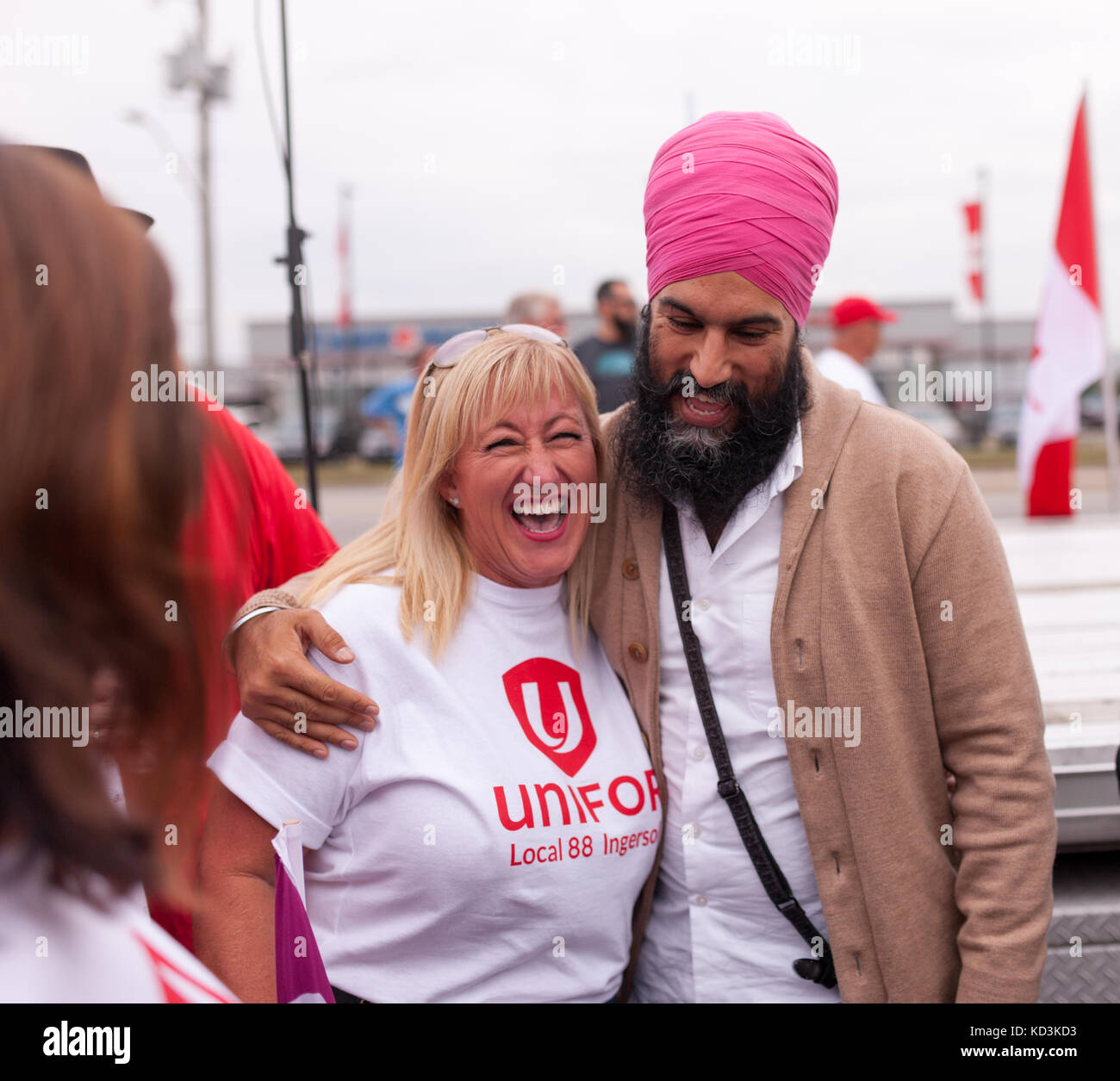 Jagmeet Singh, leader of the federal New Democratic Party meets with striking CAMI workers in Ingersoll, ON, on Oct, 6, 2017. Stock Photo