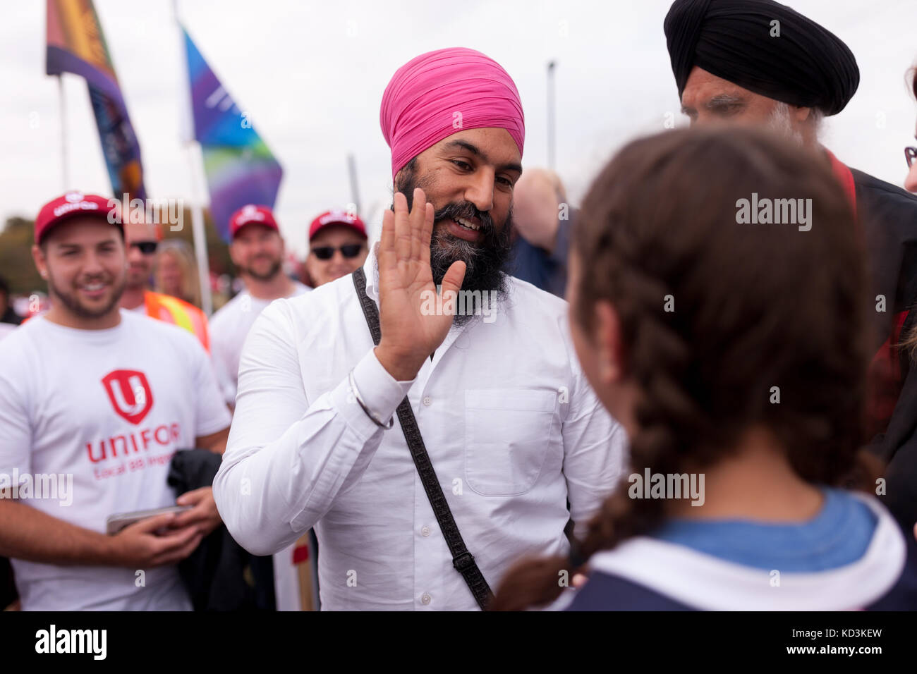 Jagmeet Singh, leader of the federal New Democratic Party meets with young activist Jada Mallott at a UNIFOR solidarity rally in Ingersoll, ON on Oct, Stock Photo