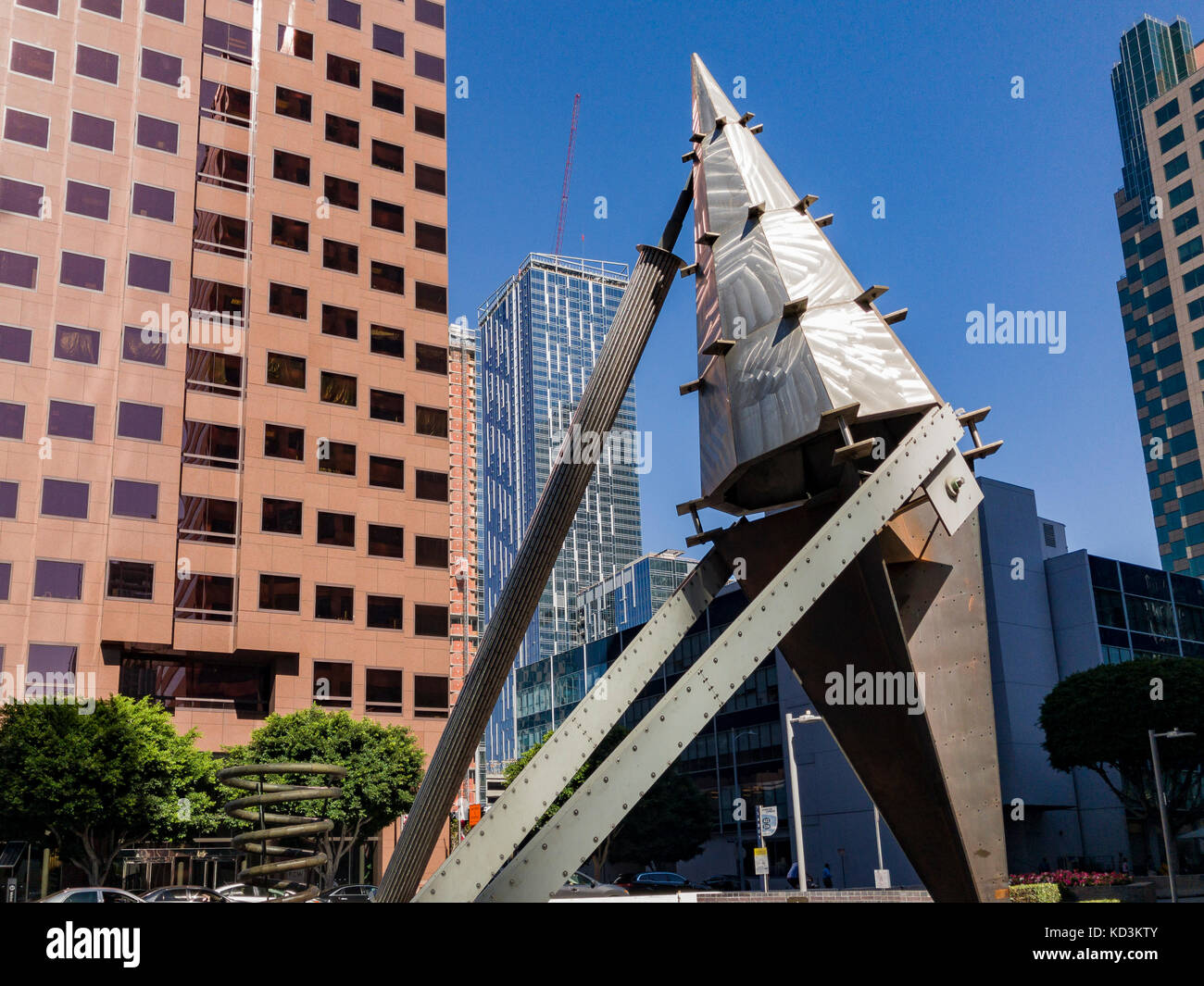 Morning view of art object and downtown skyscrappers Stock Photo