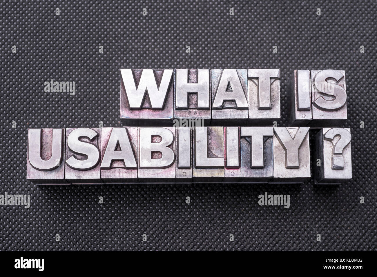 what is usability question made from metallic letterpress blocks on black perforated surface Stock Photo