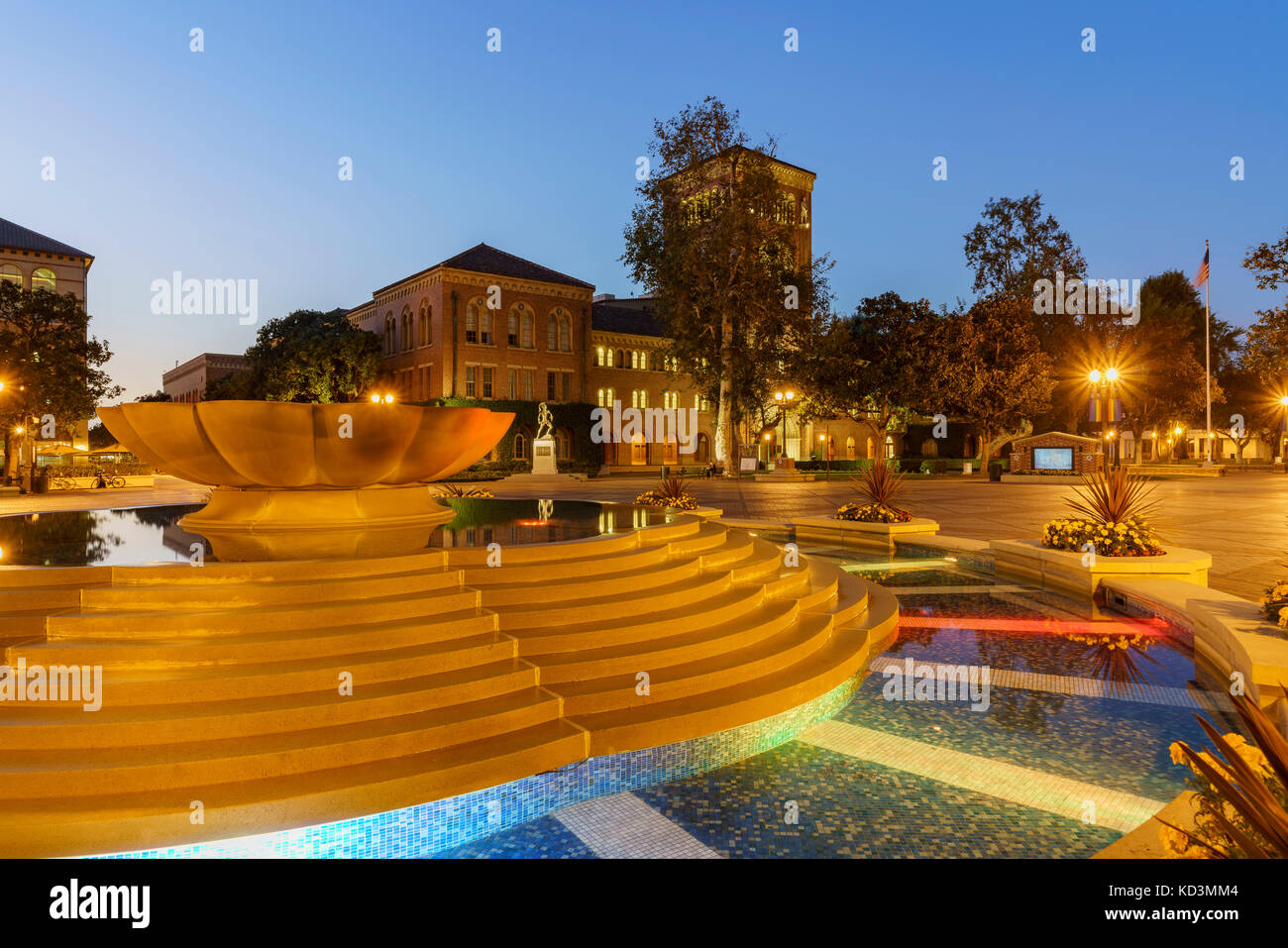 Los Angeles, OCT 8: Night view of the beautiful fountain and Bovard Auditorium on OCT 8, 2017 at University of Southern California, Los Angeles, CA Stock Photo