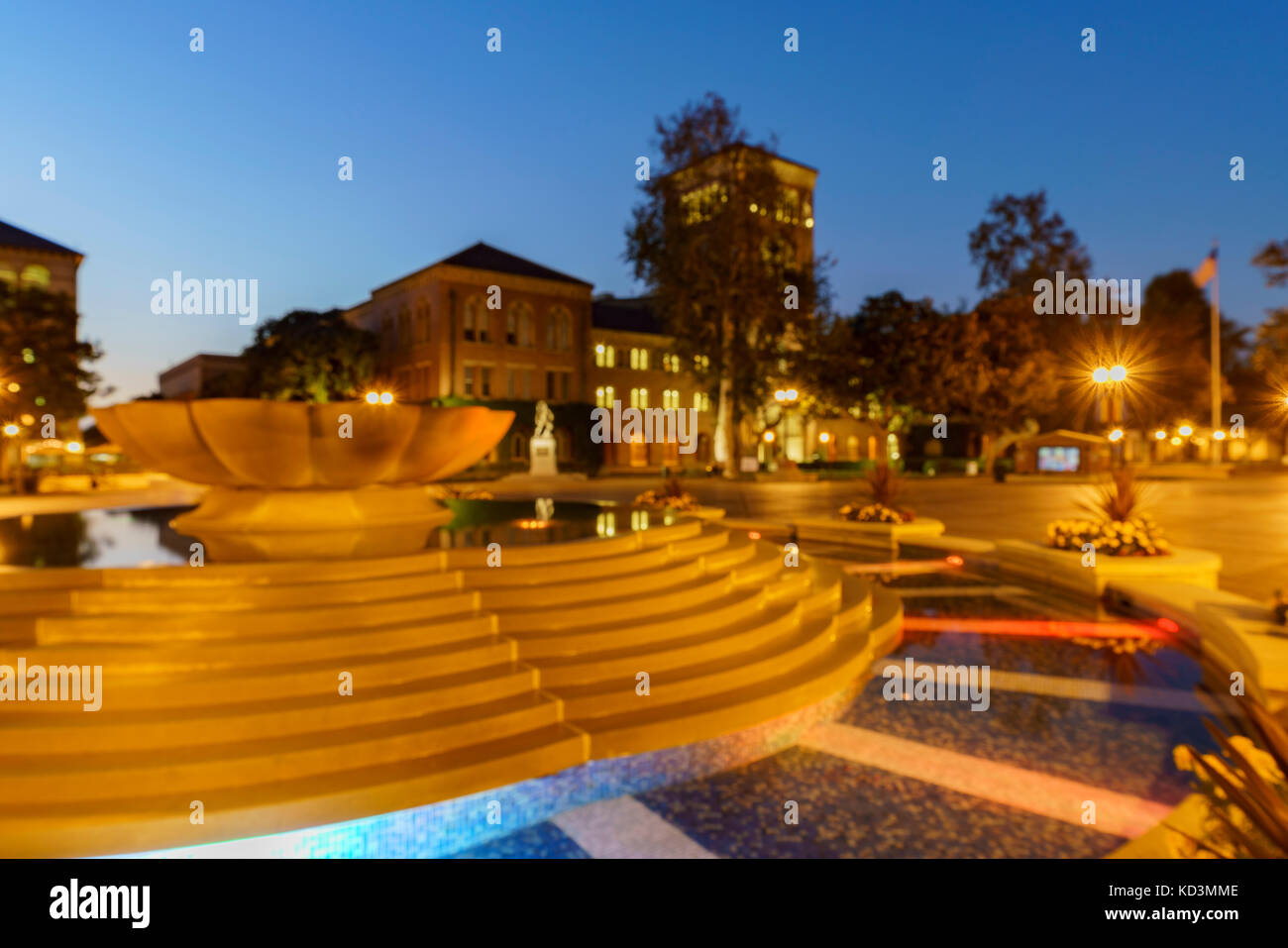Los Angeles, OCT 8: Night blur view of the beautiful fountain and Bovard Auditorium on OCT 8, 2017 at University of Southern California, Los Angeles,  Stock Photo