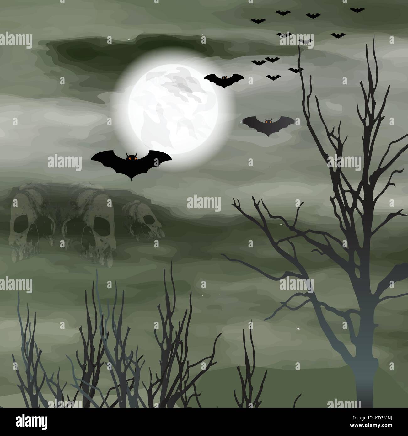 Halloween  background with skull mountain, full moon, bats and dead trees, dark green and scary theme use for Halloween celebration or party Stock Vector