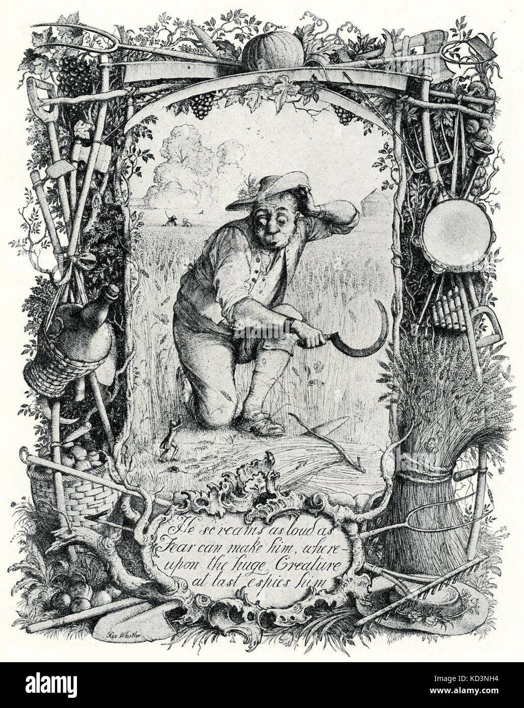 Gulliver's Travels Part II, chaper I: 'A Voyage to Brobdingnag'. Gulliver is very small and about to be picked up by farmer. Caption reads : He screams as loud as Fear canmake him, whereupon the huge creature at last espies him'. Illustration by Rex Whistler.  Full title' Gulliver's Travels, whose full title is Travels into Several Remote Nations of the World. In Four Parts. By Lemuel Gulliver, First a Surgeon, and then a Captain of Several Ships', (1726, amended 1735). JS: 30 November 1667 – 19 October 1745. Stock Photo