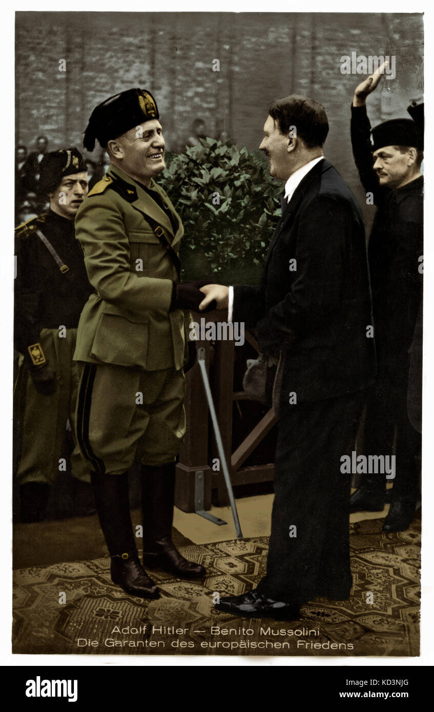 Adolf Hitler and Benito Mussolini. AF: Austrian-born German politician and the leader of the National Socialist German Workers Party:  20 April 1889 – 30 April 1945 (Chancellor of Germany from 1933 to 1945). BM: 40th Prime Minister of Italy and leader of National Fascist Party: 29 July 1883 – 28 April 1945. Caption reads: 'The guarantors of European peace'( 'Die Garanten des europäischen Friedens'). Stock Photo