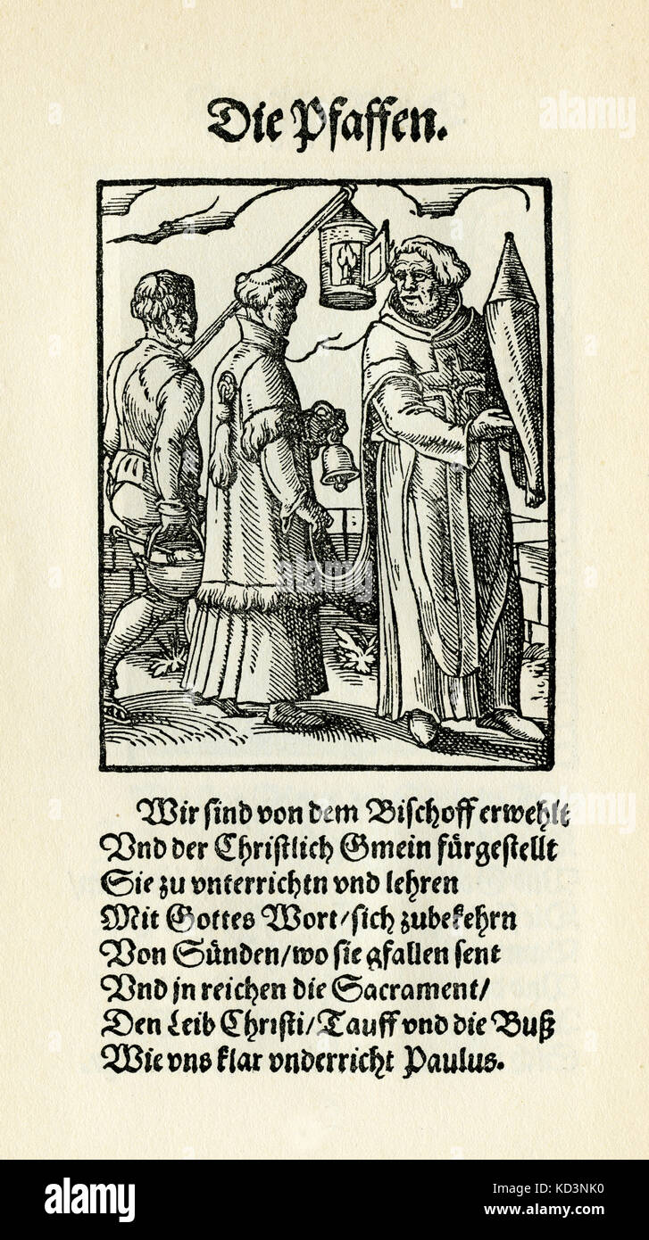 The priest (die Pfaffen), from the Book of Trades / Das Standebuch (Panoplia omnium illiberalium mechanicarum...), Collection of woodcuts by Jost Amman (13 June 1539 -17 March 1591), 1568 with accompanying rhyme by Hans Sachs (5 November 1494 - 19 January 1576) Stock Photo