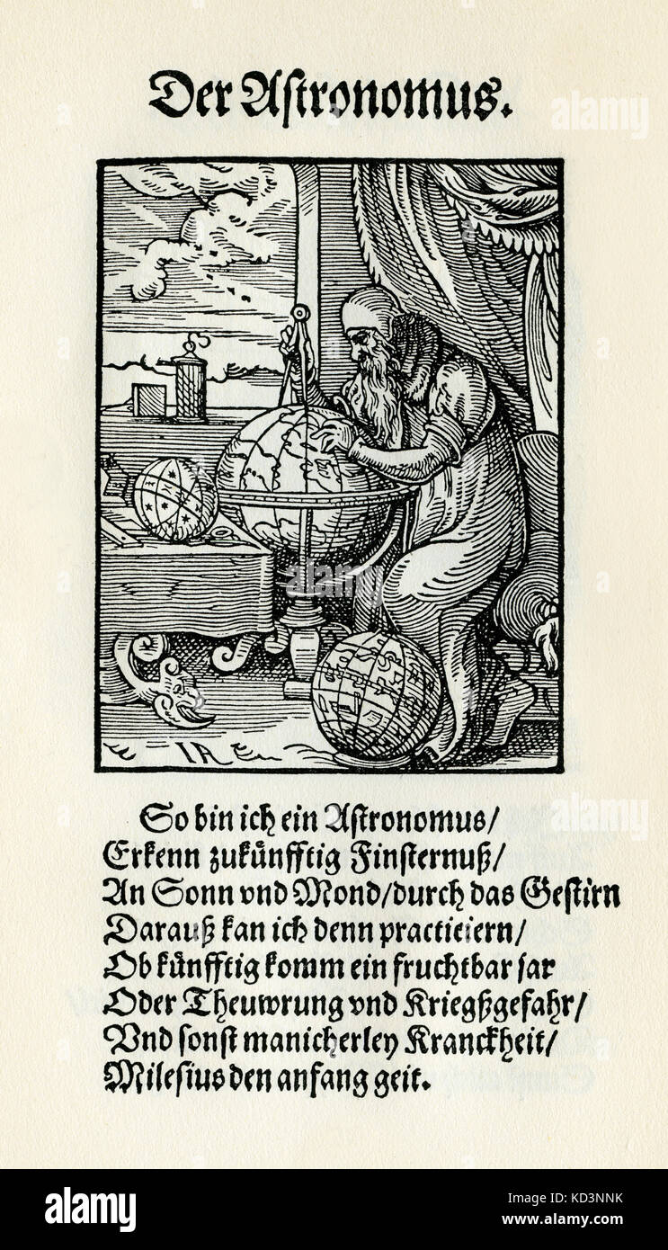 Astronomer (der Astronom / Astronomus), from the Book of Trades / Das Standebuch (Panoplia omnium illiberalium mechanicarum...), Collection of woodcuts by Jost Amman (13 June 1539 -17 March 1591), 1568 with accompanying rhyme by Hans Sachs (5 November 1494 - 19 January 1576) Stock Photo