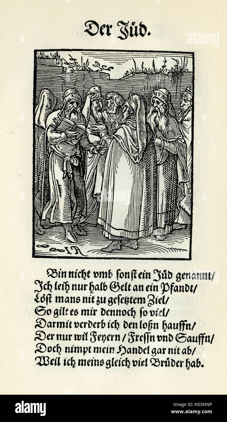 Jewish moneylender (title reads 'The Jew' - der Jud), from Das Standebuch, (Panoplia omnium illiberalium mechanicarum..., Book of Trades) Collection of woodcuts by Jost Amman (13 June 1539 -17 March 1591), 1568 with accompanying rhyme by Hans Sachs (5 November 1494 - 19 January 1576) Stock Photo