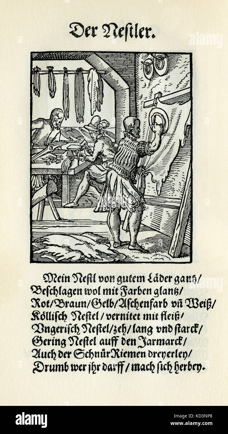Leather shoelace maker (der Nestler), from the Book of Trades / Das  Standebuch (Panoplia omnium illiberalium mechanicarum...), Collection of  woodcuts by Jost Amman (13 June 1539 -17 March 1591), 1568 with accompanying