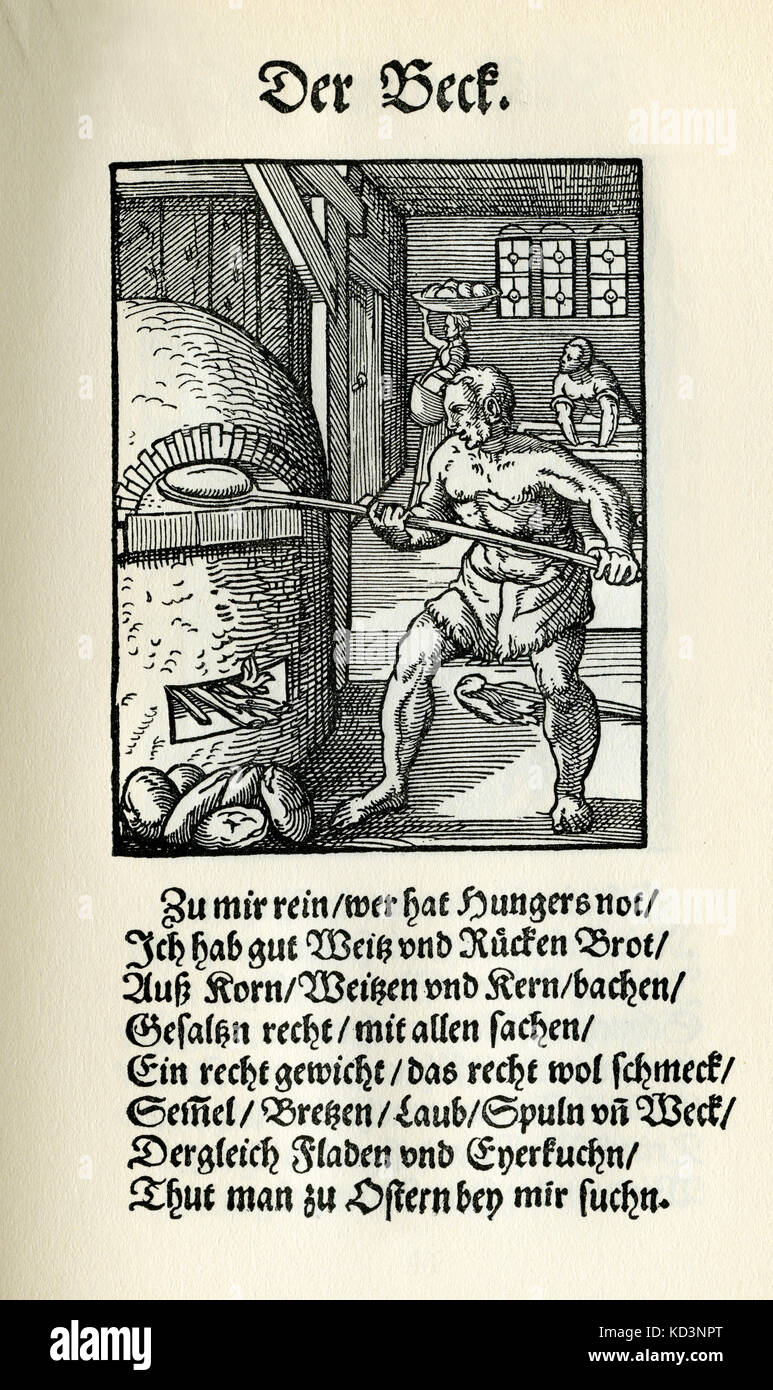 Baker (der Backer / Beck) from the Book of Trades / Das Standebuch (Panoplia omnium illiberalium mechanicarum...), Collection of woodcuts by Jost Amman (13 June 1539 -17 March 1591), 1568 with accompanying rhyme by Hans Sachs (5 November 1494 - 19 January 1576) Stock Photo