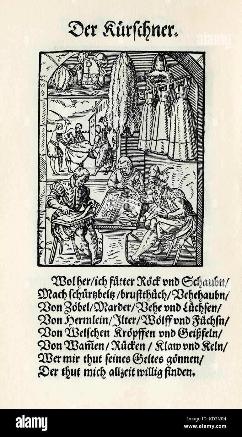 Furrier (der Kurschner), from the Book of Trades / Das Standebuch (Panoplia omnium illiberalium mechanicarum...), Collection of woodcuts by Jost Amman (13 June 1539 -17 March 1591), 1568 with accompanying rhyme by Hans Sachs (5 November 1494 - 19 January 1576) Stock Photo