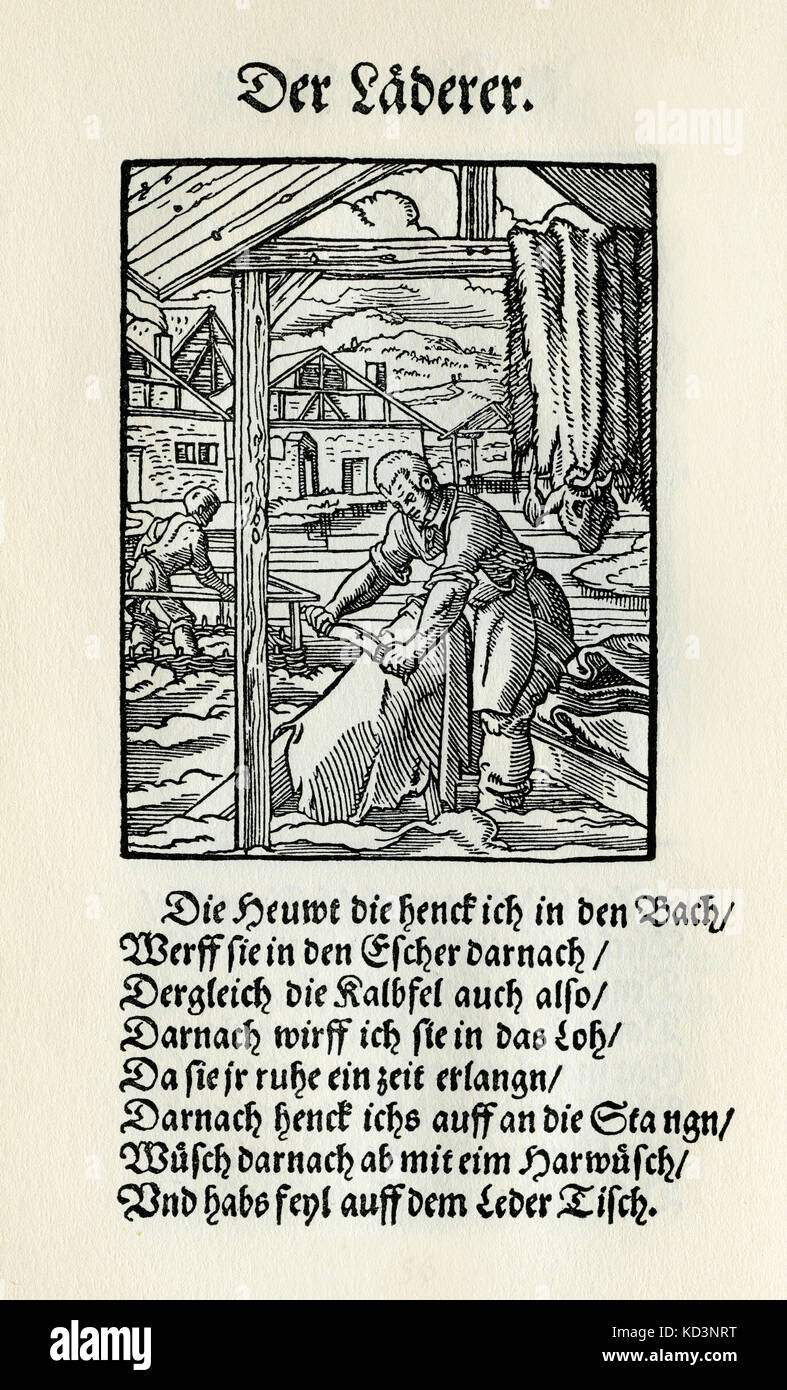 Leather tanner (der Lederer), from the Book of Trades / Das Standebuch (Panoplia omnium illiberalium mechanicarum...), Collection of woodcuts by Jost Amman (13 June 1539 -17 March 1591), 1568 with accompanying rhyme by Hans Sachs (5 November 1494 - 19 January 1576) Stock Photo