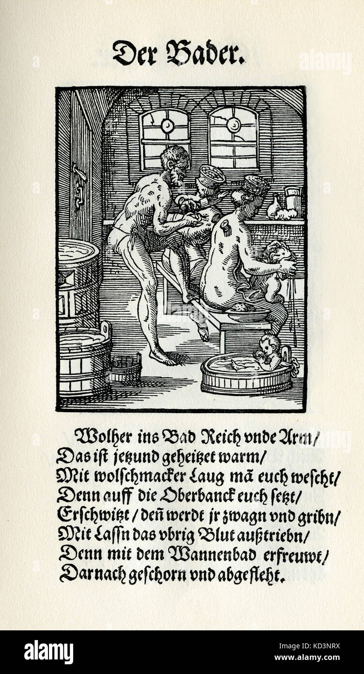 Bath house attendant / barber surgeon (der Bader), from the Book of Trades / Das Standebuch (Panoplia omnium illiberalium mechanicarum...), Collection of woodcuts by Jost Amman (13 June 1539 -17 March 1591), 1568 with accompanying rhyme by Hans Sachs (5 November 1494 - 19 January 1576) Stock Photo