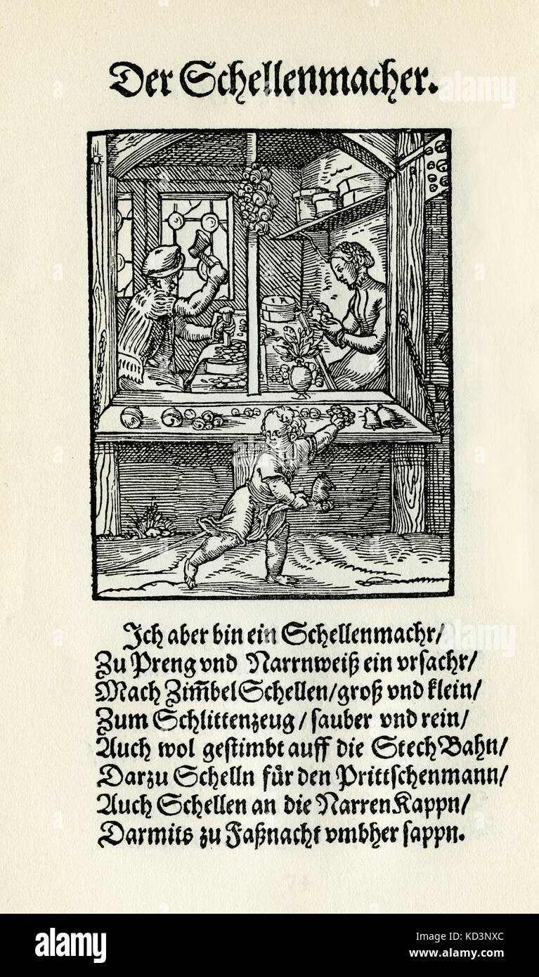 Bell maker (der Schellenmacher), from the Book of Trades / Das Standebuch (Panoplia omnium illiberalium mechanicarum...), Collection of woodcuts by Jost Amman (13 June 1539 -17 March 1591), 1568 with accompanying rhyme by Hans Sachs (5 November 1494 - 19 January 1576) Stock Photo