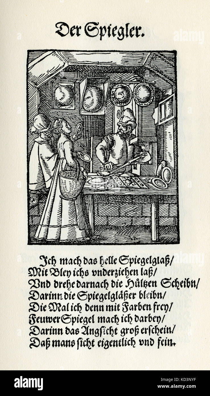 Mirror maker (der Spiegler), from the Book of Trades / Das Standebuch (Panoplia omnium illiberalium mechanicarum...), Collection of woodcuts by Jost Amman (13 June 1539 -17 March 1591), 1568 with accompanying rhyme by Hans Sachs (5 November 1494 - 19 January 1576) Stock Photo