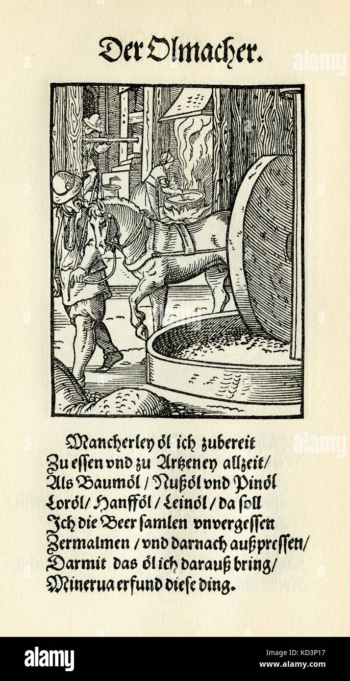 Oil maker (der Olmacher), from the Book of Trades / Das Standebuch (Panoplia omnium illiberalium mechanicarum...), Collection of woodcuts by Jost Amman (13 June 1539 -17 March 1591), 1568 with accompanying rhyme by Hans Sachs (5 November 1494 - 19 January 1576) Stock Photo