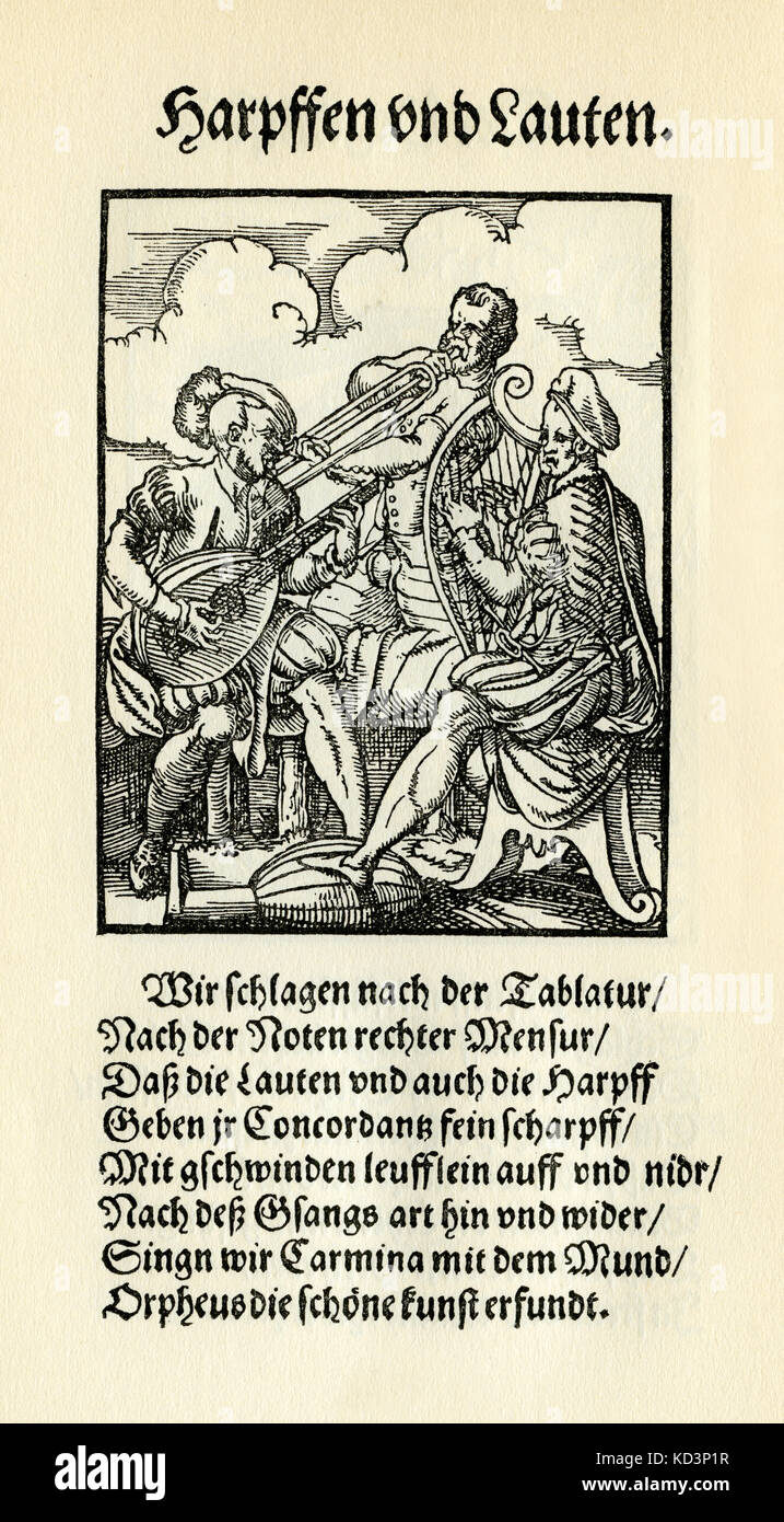 Harp and lute players (Harpfen und Lauten), from the Book of Trades / Das Standebuch (Panoplia omnium illiberalium mechanicarum...), Collection of woodcuts by Jost Amman (13 June 1539 -17 March 1591), 1568 with accompanying rhyme by Hans Sachs (5 November 1494 - 19 January 1576) Stock Photo