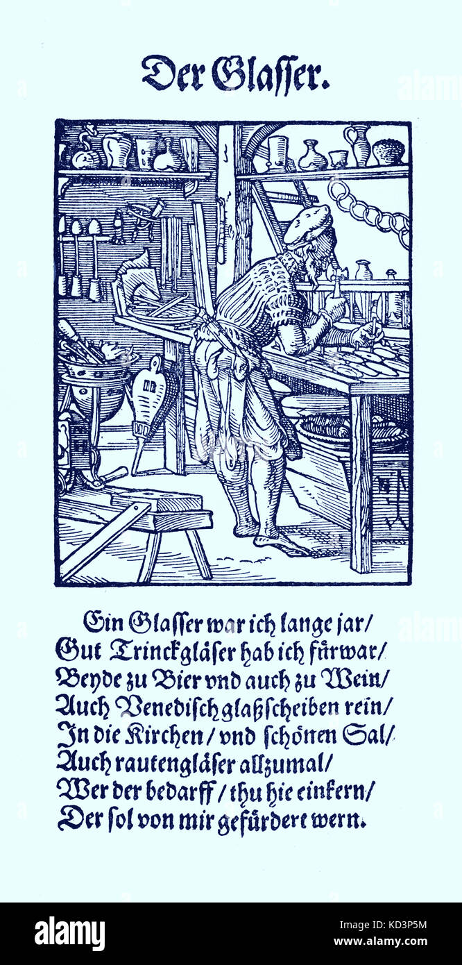 Glazier / glassworker (der Glaser), from the Book of Trades / Das Standebuch (Panoplia omnium illiberalium mechanicarum...), Collection of woodcuts by Jost Amman (13 June 1539 -17 March 1591), 1568 with accompanying rhyme by Hans Sachs (5 November 1494 - 19 January 1576) Stock Photo