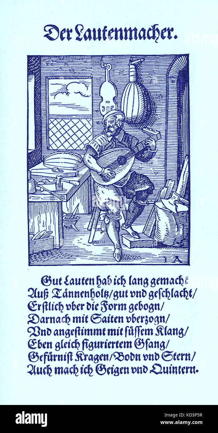 Lute maker (der Lautenmacher), from the Book of Trades / Das Standebuch (Panoplia omnium illiberalium mechanicarum...), Collection of woodcuts by Jost Amman (13 June 1539 -17 March 1591), 1568 with accompanying rhyme by Hans Sachs (5 November 1494 - 19 January 1576) Stock Photo