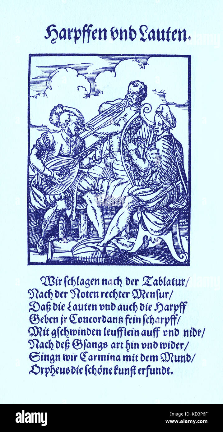 Harp and lute players (Harpfen und Lauten), from the Book of Trades / Das Standebuch (Panoplia omnium illiberalium mechanicarum...), Collection of woodcuts by Jost Amman (13 June 1539 -17 March 1591), 1568 with accompanying rhyme by Hans Sachs (5 November 1494 - 19 January 1576) Stock Photo