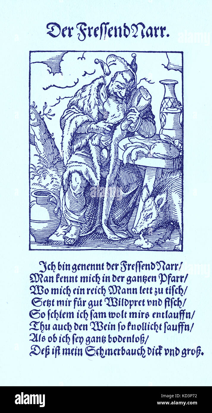 The gluttonous fool (der Fressendnarr / Fressnarr), from the Book of Trades / Das Standebuch (Panoplia omnium illiberalium mechanicarum...), Collection of woodcuts by Jost Amman (13 June 1539 -17 March 1591), 1568 with accompanying rhyme by Hans Sachs (5 November 1494 - 19 January 1576) Stock Photo