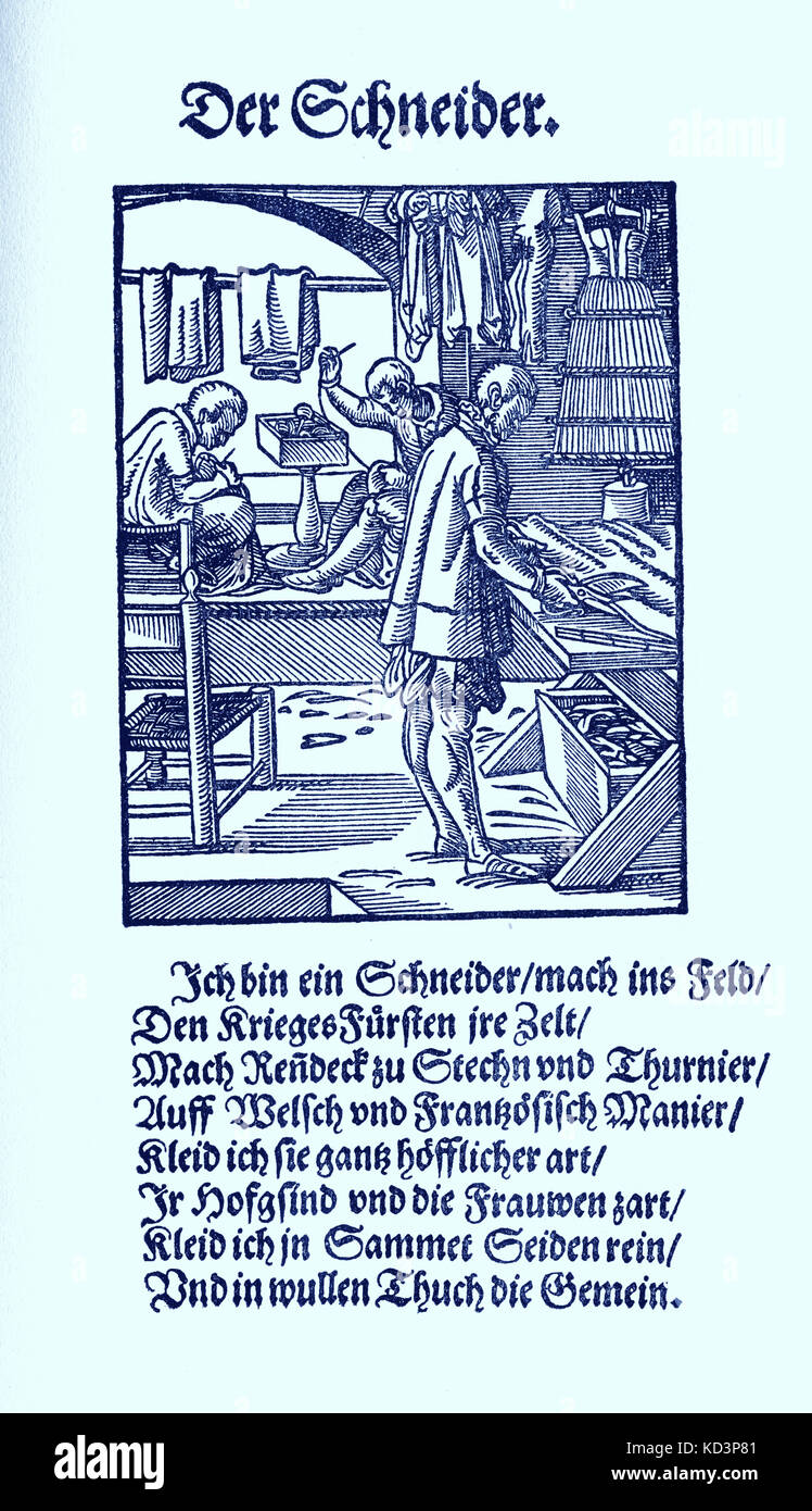Tailor (der Schneider), from the Book of Trades / Das Standebuch (Panoplia omnium illiberalium mechanicarum...), Collection of woodcuts by Jost Amman (13 June 1539 -17 March 1591), 1568 with accompanying rhyme by Hans Sachs (5 November 1494 - 19 January 1576) Stock Photo