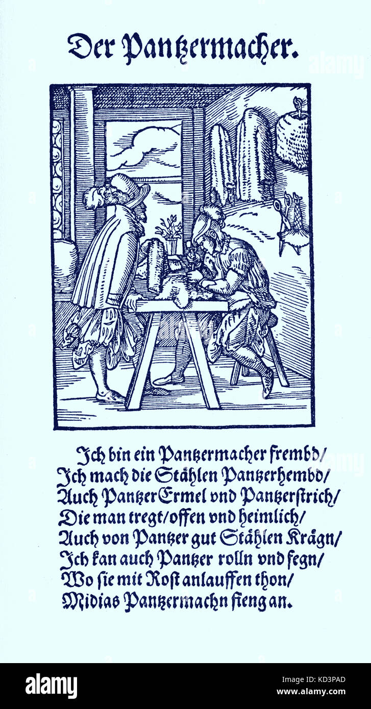 Chain mail smith (der Panzermacher), from the Book of Trades / Das Standebuch (Panoplia omnium illiberalium mechanicarum...), Collection of woodcuts by Jost Amman (13 June 1539 -17 March 1591), 1568 with accompanying rhyme by Hans Sachs (5 November 1494 - 19 January 1576) Stock Photo