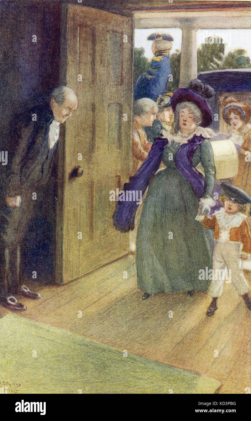 Mrs John Dashwood arrives at Norland after the funeral of Henry Dashwood. Sense and Sensibilty by Jane Austen, illustration by Alfred Wallis Mills, 1917 Stock Photo