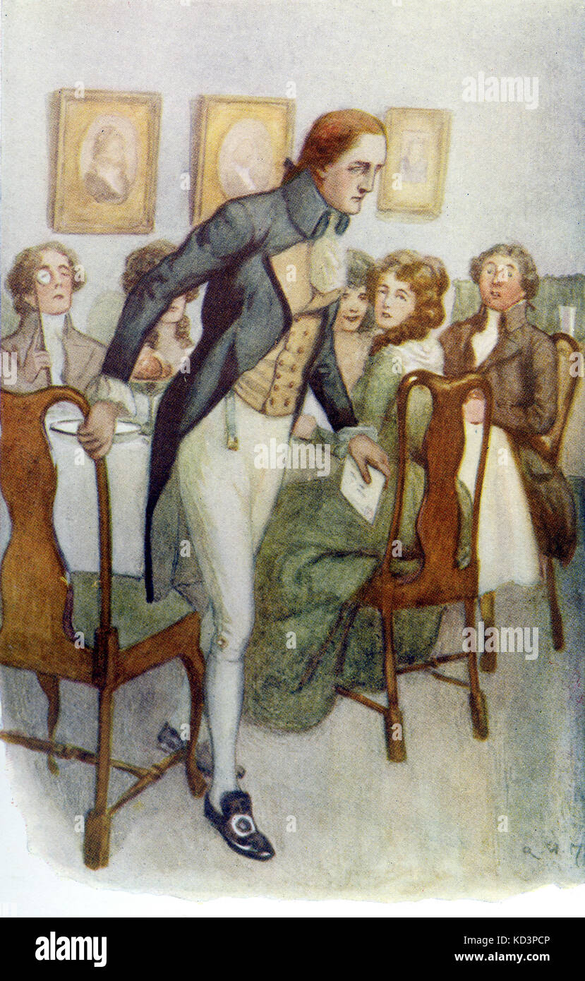 Colonel Brandon receives a note at breakfast. Caption reads; 'He took it and immediately left the room' Sense and Sensibilty by Jane Austen, illustration by Alfred Wallis Mills, 1917 Stock Photo