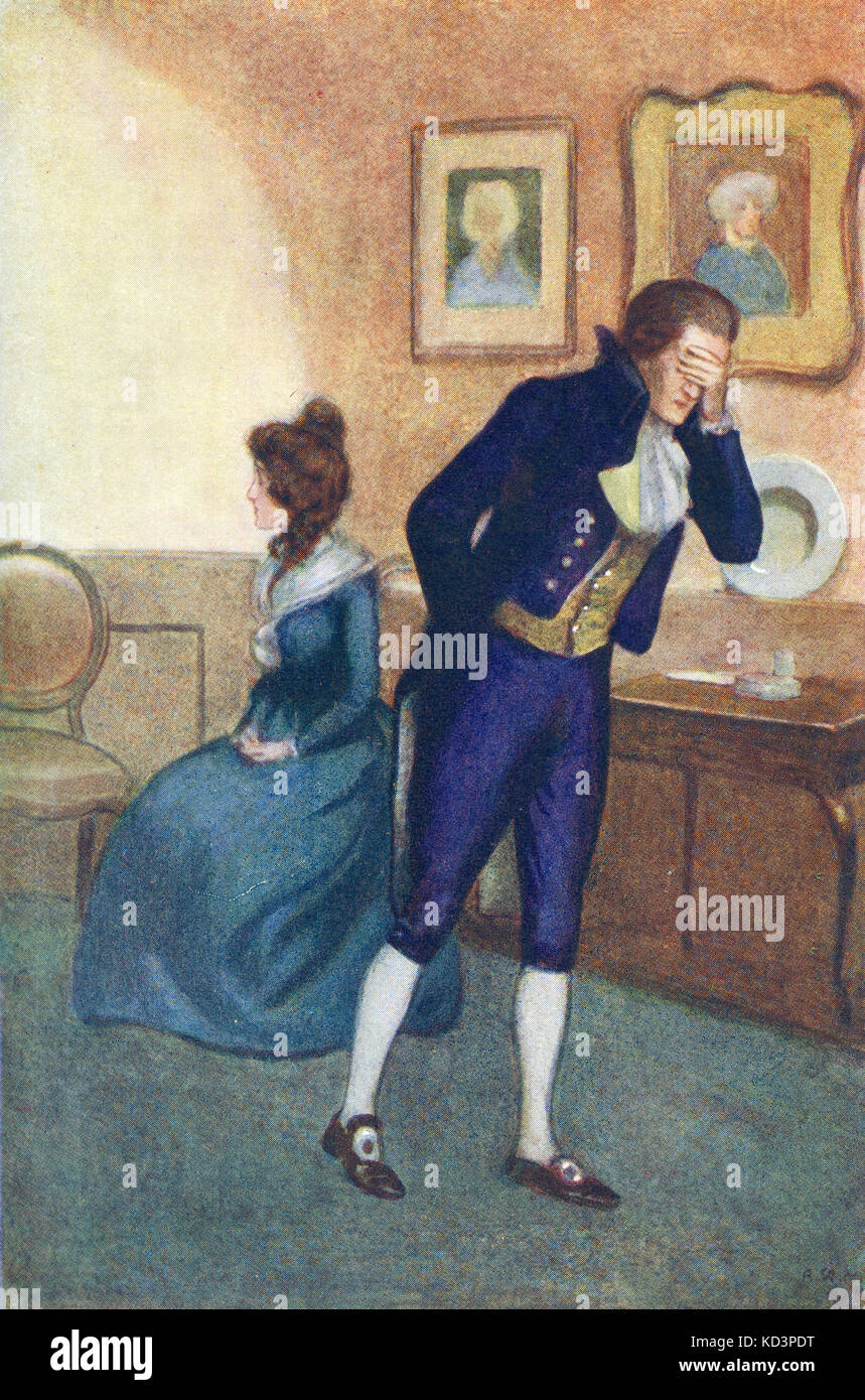 Colonel Brandon explains his past to Elinor. Caption reads: 'Even now, the recollection of what I suffered...' Sense and Sensibilty by Jane Austen, illustration by Alfred Wallis Mills, 1917 Stock Photo