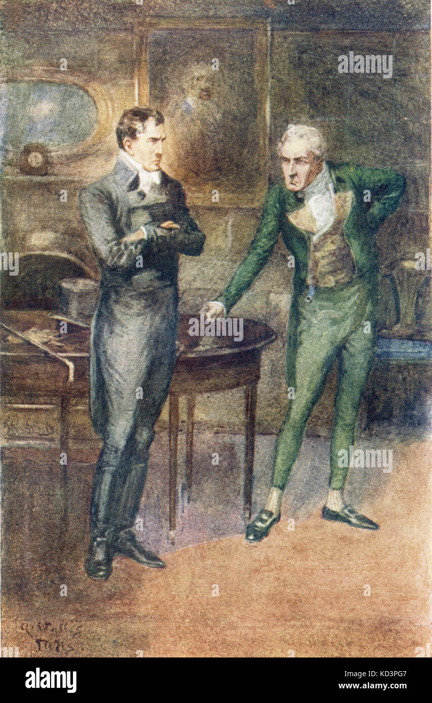 Henry Tilney learns of the reasons for his father, General Tilney's treatment of Catherine. Caption reads: 'They parted in dreadful disagreement.' Northanger Abbey by Jane Austen, illustration by Alfred Wallis Mills, 1917 Stock Photo