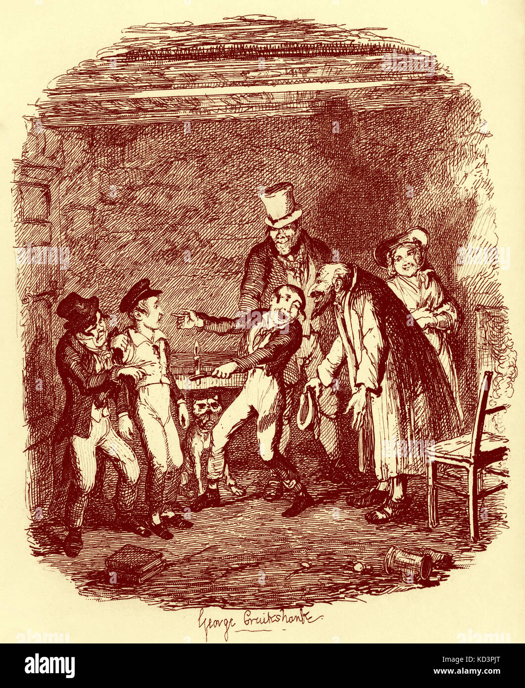 Charles Dickens 's 'The Adventures of Oliver Twist' : Oliver's reception by Fagin and the boys after Nancy forced him to return. English novelist 7 February 1812 – 9 June 1870.  Illustration by George Cruikshank. Stock Photo