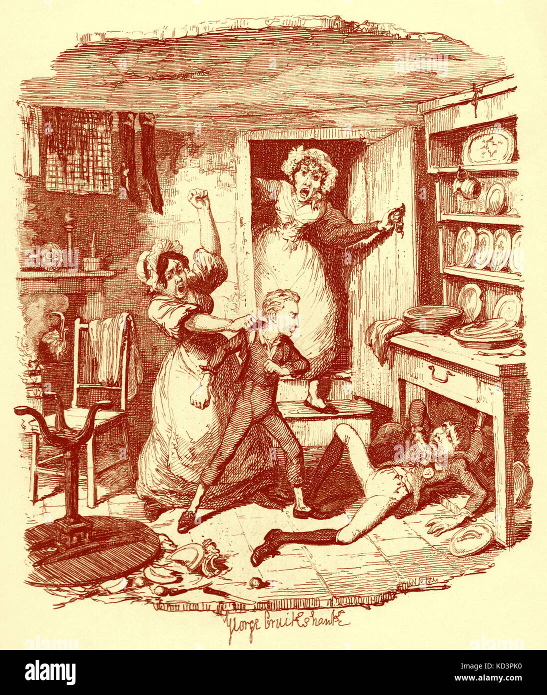 Charles Dickens 's 'The Adventures of Oliver Twist' : Oliver attacking Noah Claypole, as Charlotte tries to restrain him and Mrs. Sowerberry looks on.  English novelist 7 February 1812 – 9 June 1870.  Illustration by George Cruikshank. Stock Photo