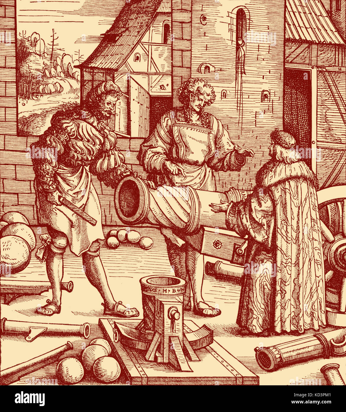 Foundrymen with a Canon. Canon used in Maximilian's army. Woodcut by Hans Burgkmair- 1473 - 1531. Maximilian I of Habsburg , Holy Roman Emperor - 22 March  1459 – 12 January 12 1519. Stock Photo