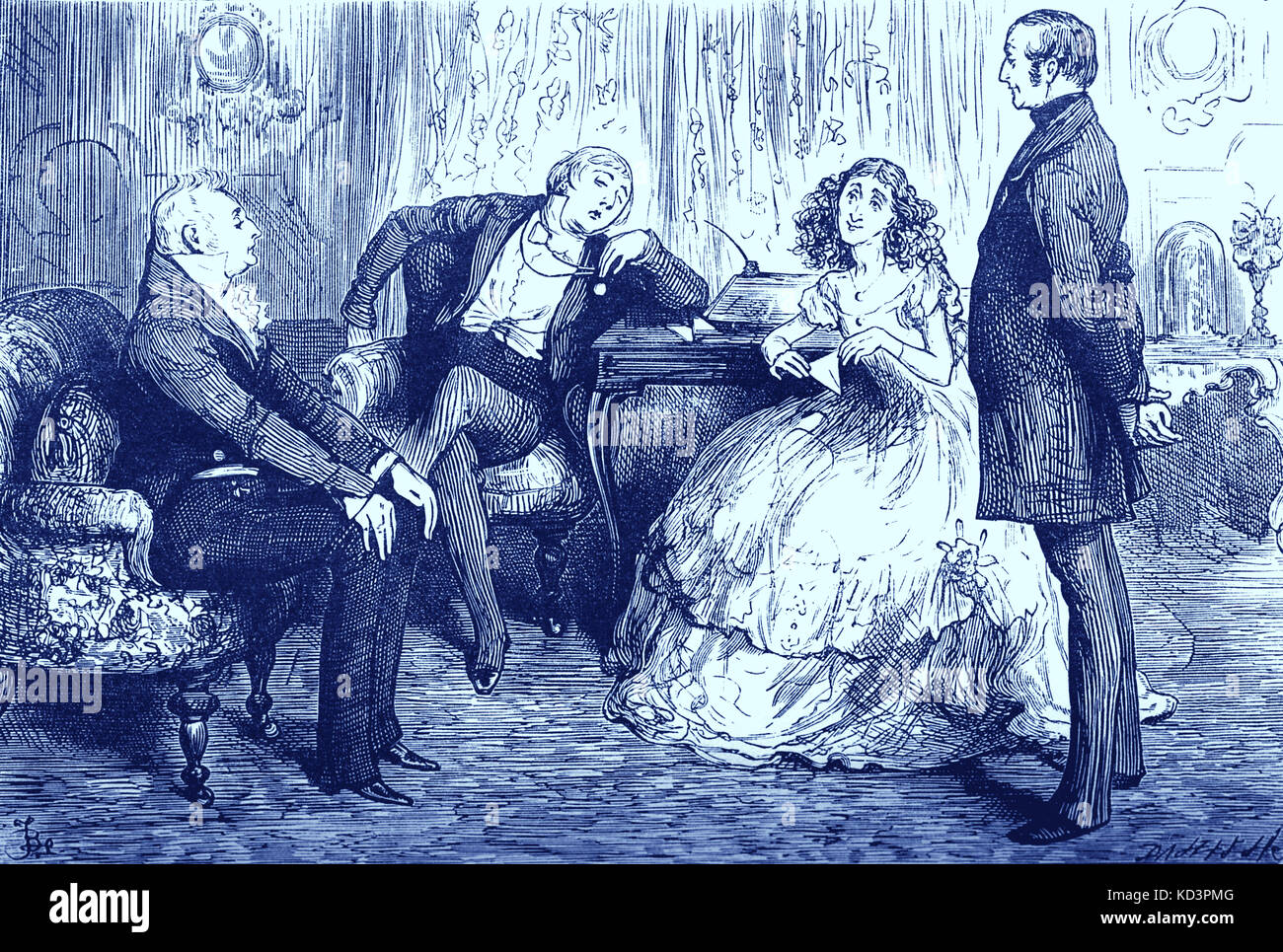 Bleak House by Charles Dickens. Caption reads:'Hasn't a doubt - zample - far better hang wrong flre than no fler.' Sir Leicester Dedlock, Mr. Bucket and Volumnia. CD: English novelist, 7 February 1812 – 9 June 1870. Stock Photo