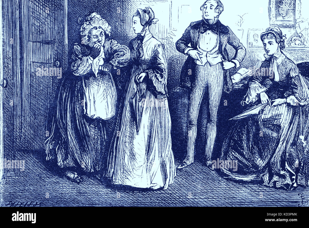 Bleak House by Charles Dickens. Caption reads: 'She made no sound of laughter; but she rolled her head, and shook it, and put her handkerchief to her mouth, and appealed to Caddy with her elbow.' Miss Summerson presents Caddy to Mr Guppy. CD: English novelist, 7 February 1812 – 9 June 1870. Stock Photo