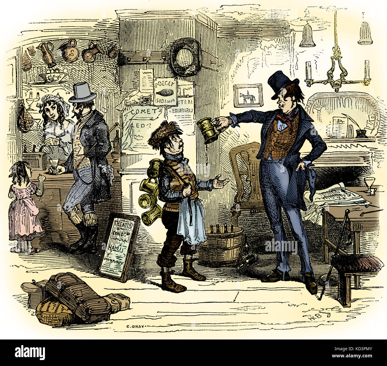 Charles Dickens 's 'The Old Curiosity Shop'.  First published 1841. Description of scene: Mr Swiveller pours his drink to the floor. Chapter Thirty-Eight. Illustration by Hablot K Browne  -  'Phiz' (1815-1882).  CD:  English novelist 7 February 1812 – 9 June 1870 Stock Photo