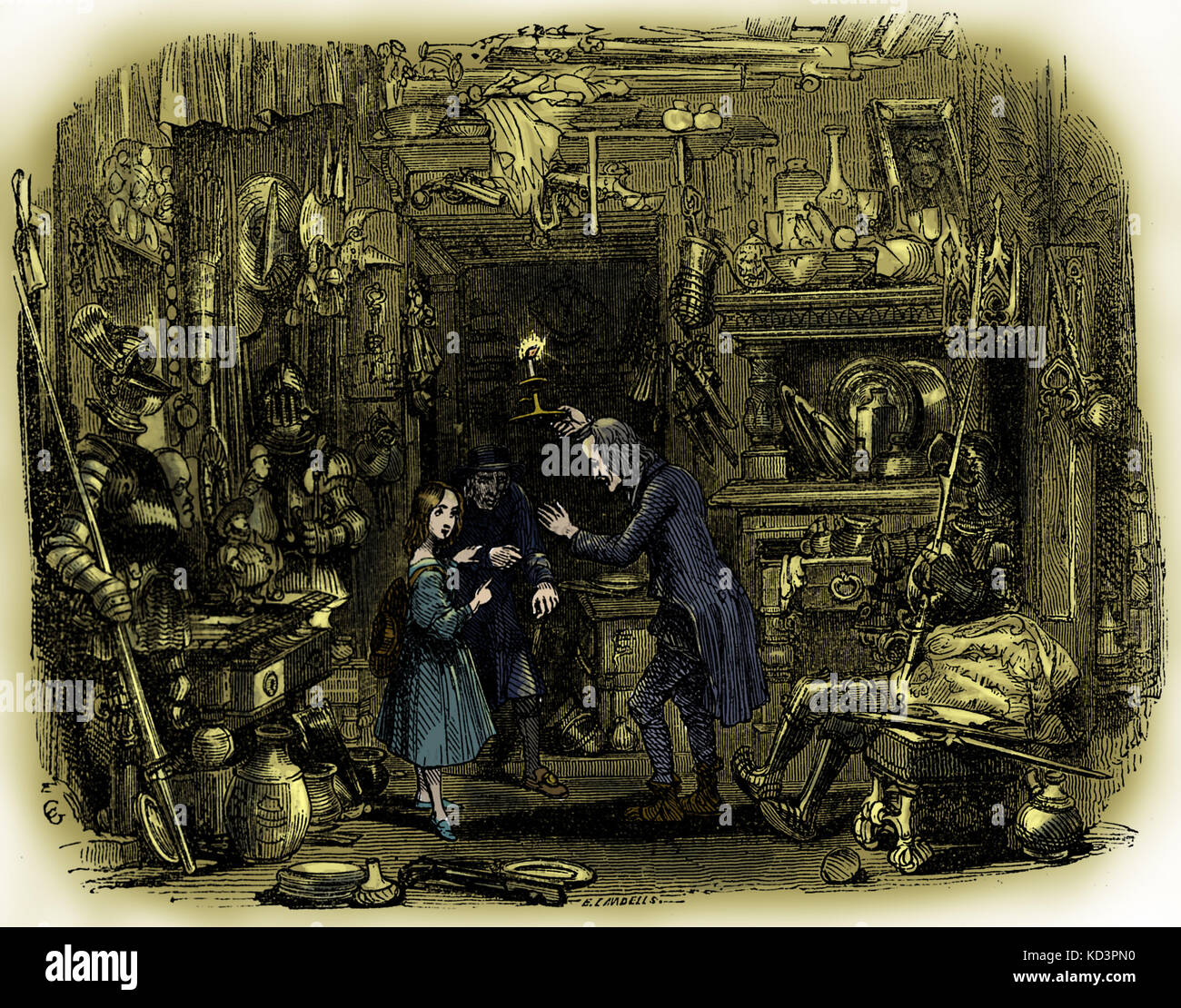 Charles Dickens 's ' The Old Curiosity Shop'.  First published 1841.  Nell Trent and her grandfather in the old curiosity shop - Chapter I. Illustration by George Cattermole (1800-1868).  CD:  English novelist 7 February 1812 – 9 June 1870 Stock Photo