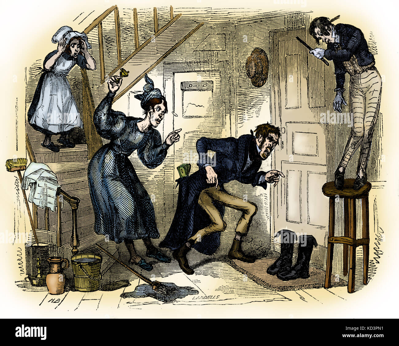 Charles Dickens 's ' The Old Curiosity Shop'.  First published 1841. Description of scene: Mr. Brass at the Keyhole. Chapter Thirty-Five. Illustration by Hablot K. Browne  -  'Phiz' (1815-1882) CD:  English novelist 7 February 1812 – 9 June 1870 Stock Photo