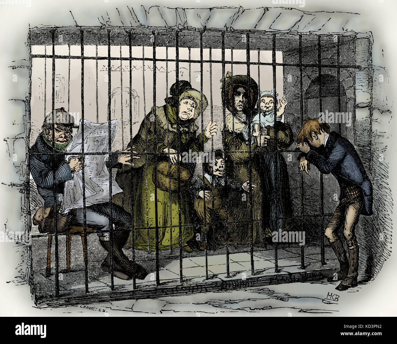 Charles Dickens 's ' The Old Curiosity Shop'.  First published 1841. Description of scene: visitors come to see Kit in jail. Chapter Sixty-One. Illustration by Hablot K. Browne  -  'Phiz' (1815-1882) CD:  English novelist 7 February 1812 – 9 June 1870 Stock Photo