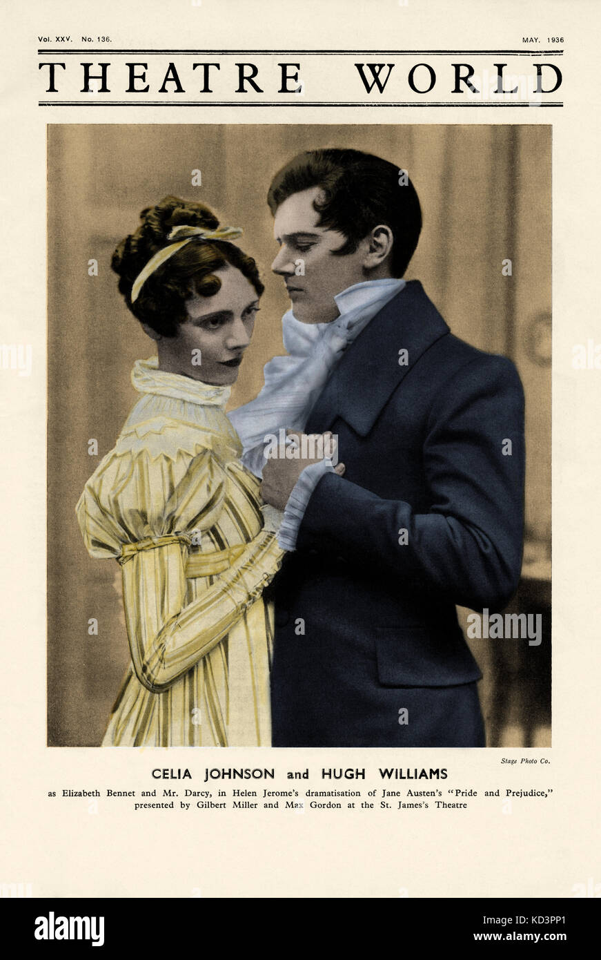 Celia Johnson as 'Elizabeth Bennet' & Hugh Williams as 'Mr. Darcy' in Helen Jerome 's dramatisation of Jane Austen 's novel 'Pride and Prejudice'. Performed at the St. James's Theatre, London, 1936. CJ, English actress: 18 December 1908 - 26 April 1982. HW, English actor & dramatist: 6 March 1904 - 7 December 1969. Stock Photo