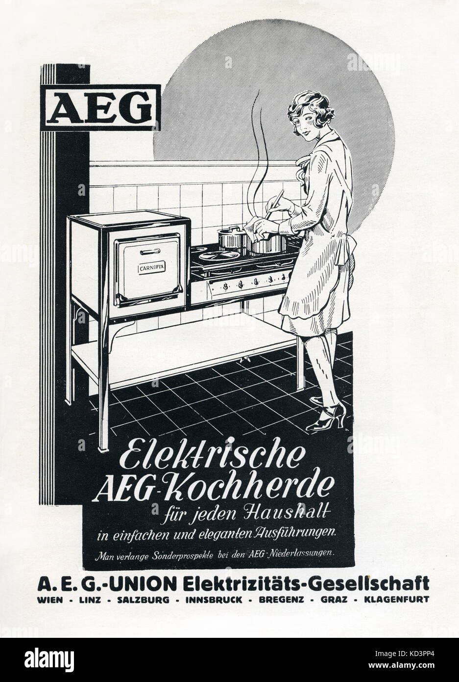 AEG Advertisement from 1933 (Ausrian theatre publication). Advert for Elektrische AEG -Kochherde fur jeden Haushalt.   / AEG - cooking stove for every household. Stock Photo